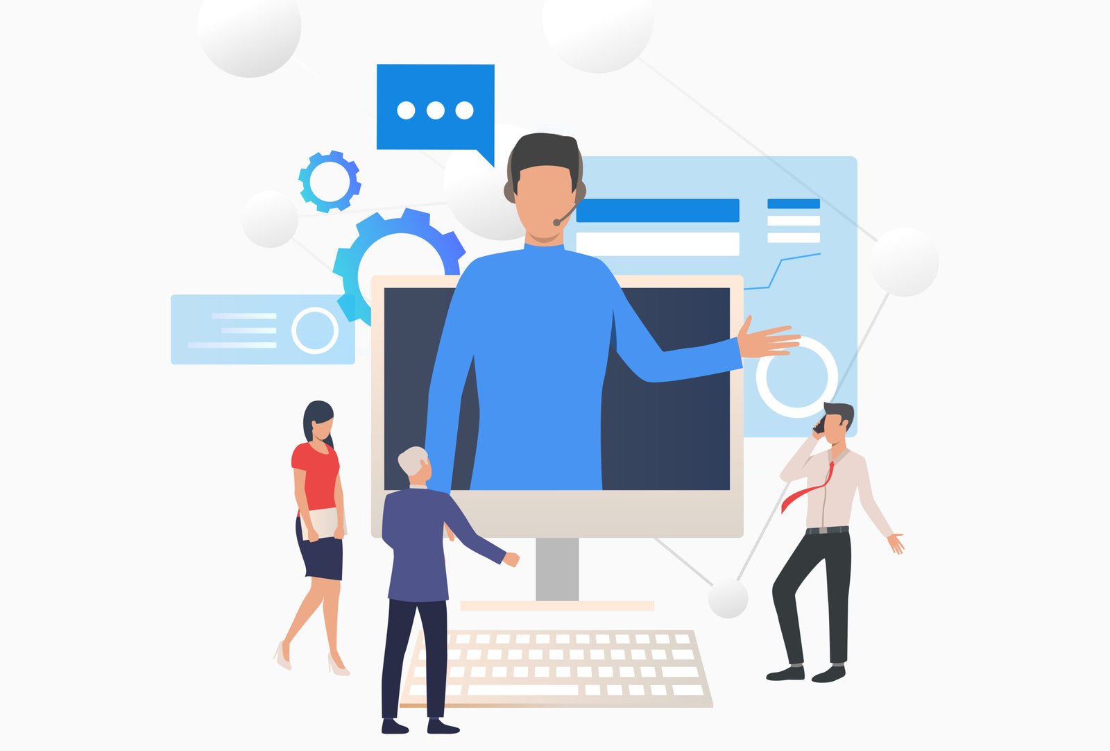 Phone agent wearing headset and consulting customers. Computer, assistance, telemarketing concept. Vector illustration can be used for topics like customer support, call center